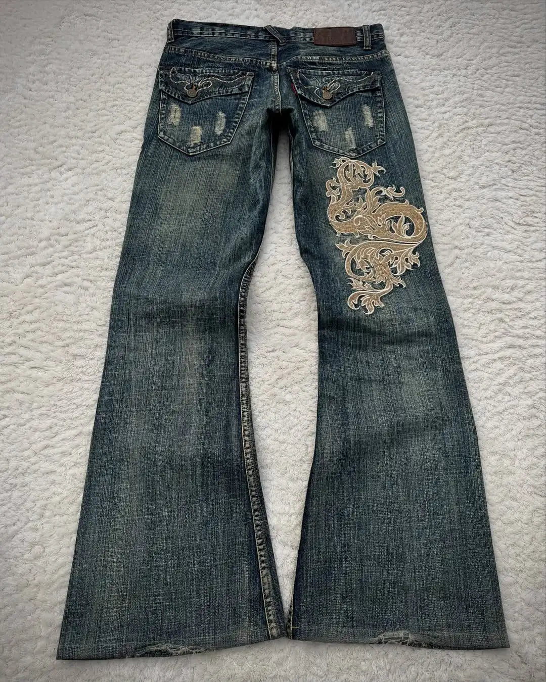 Retro Shallow Water Washing High-bright Lines Thorn Art Embroidery Pattern Y2K Blue Jeans Women's Personalized Micro-flare Pants
