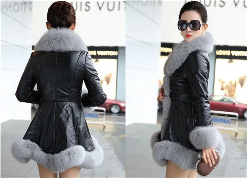 Size 6XL Women's Clothing Autumn Winter Imitation Fox Fur Big Fur Collar Thick Warm Female's Leather Jacket Slim Fur Coat