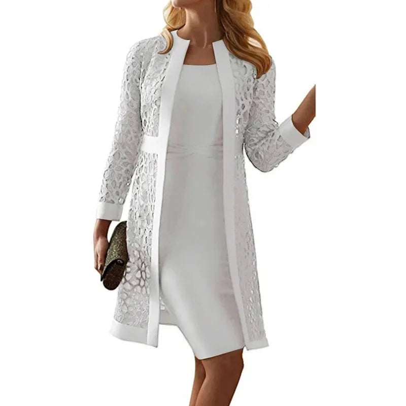 2025 Women's Lace Open Cardigan Dress Two-Piece Outfit Popular Wish Elegant Style Chinese Origin Fashionable Female Clothing