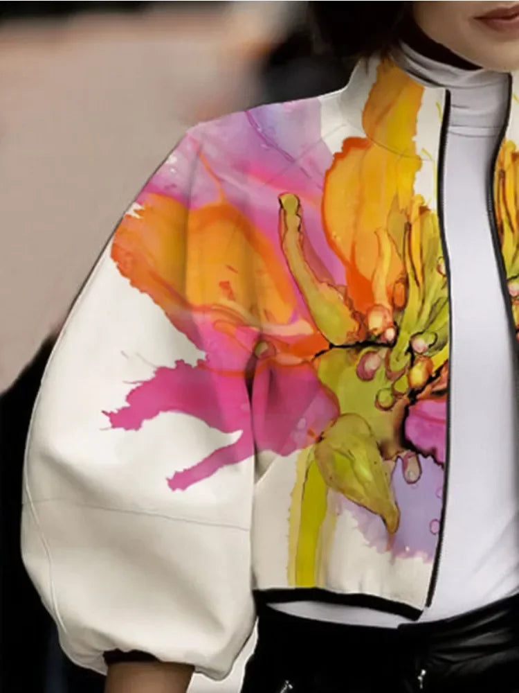 Women's Autumn New Jacket Floral Printed High Neck Puff Sleeves Coat Zippered Half Sleeve Loose Fit Outerwears