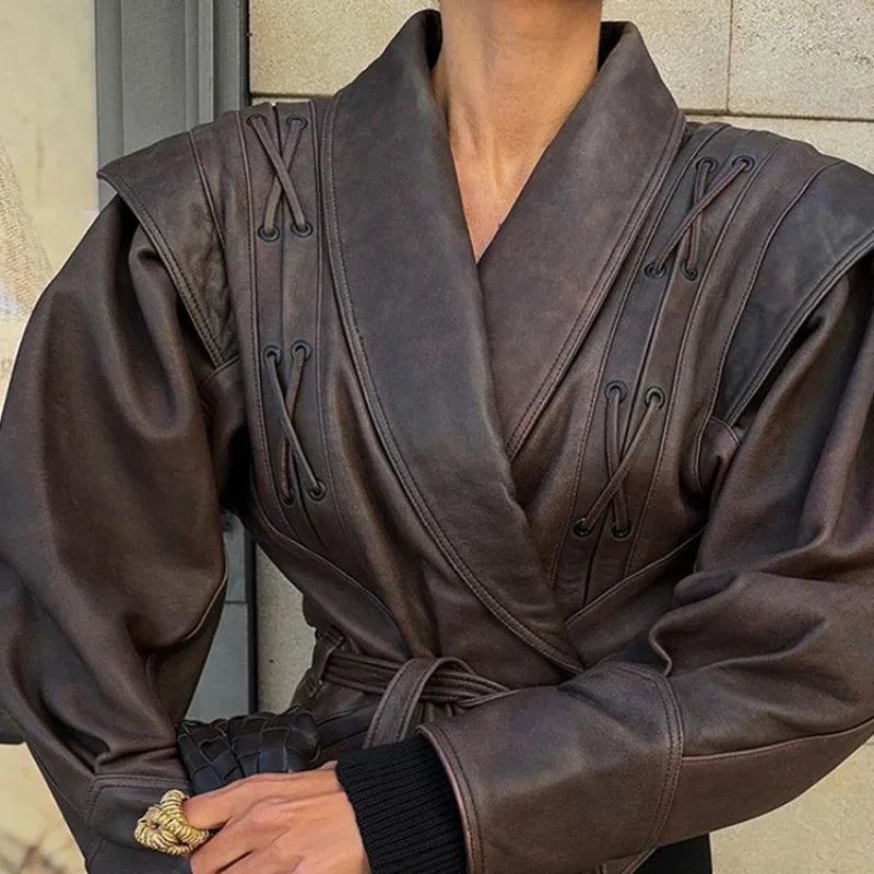 Women Leather Bomber Jackets Coats With Belt Notched Shoulder Pads Motorcycle Street Chic Short Outwear Fashion Solid Lace Up