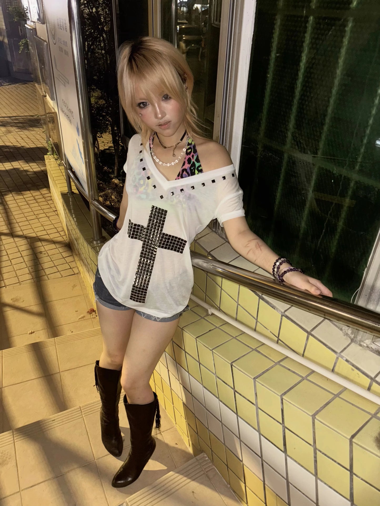 Karrram Japanese Y2k Metal Cross Print T-shirt Vintage Harajuku Short Sleeve Sheer Tops Trashy 2000s V-neck Streetwear Grunge