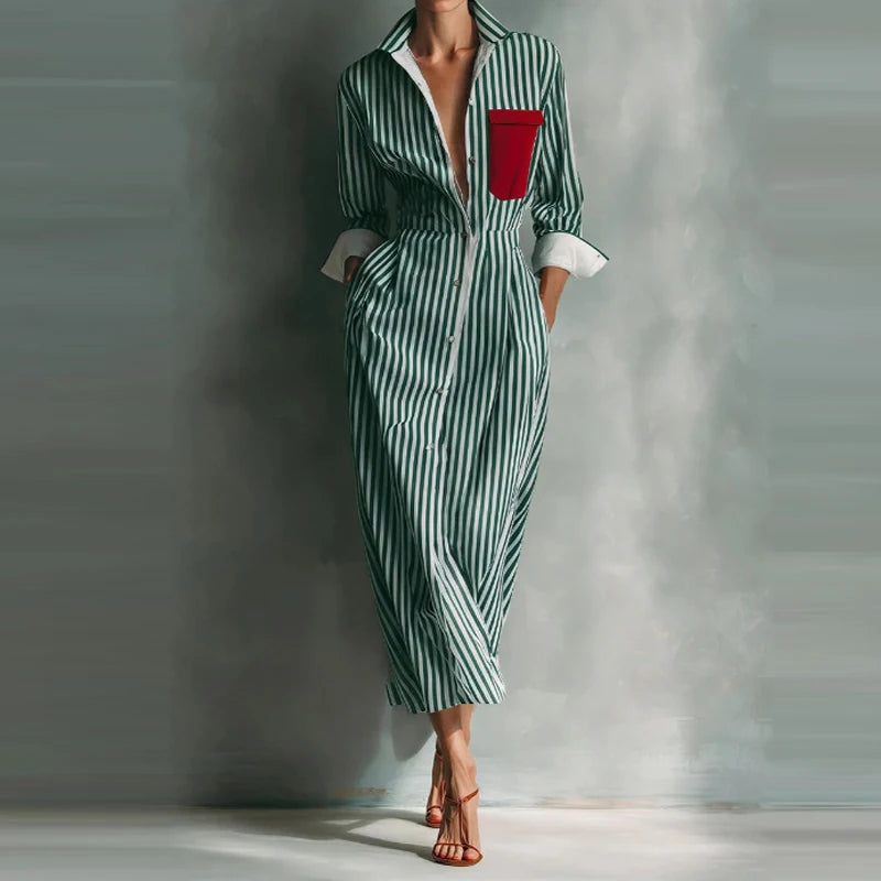 Casual Long Sleeve Stripe Print Dresses Fashion Turn Down Collar Pocket Shirt Dress Women Elegant Button Hight Waist Long Dress