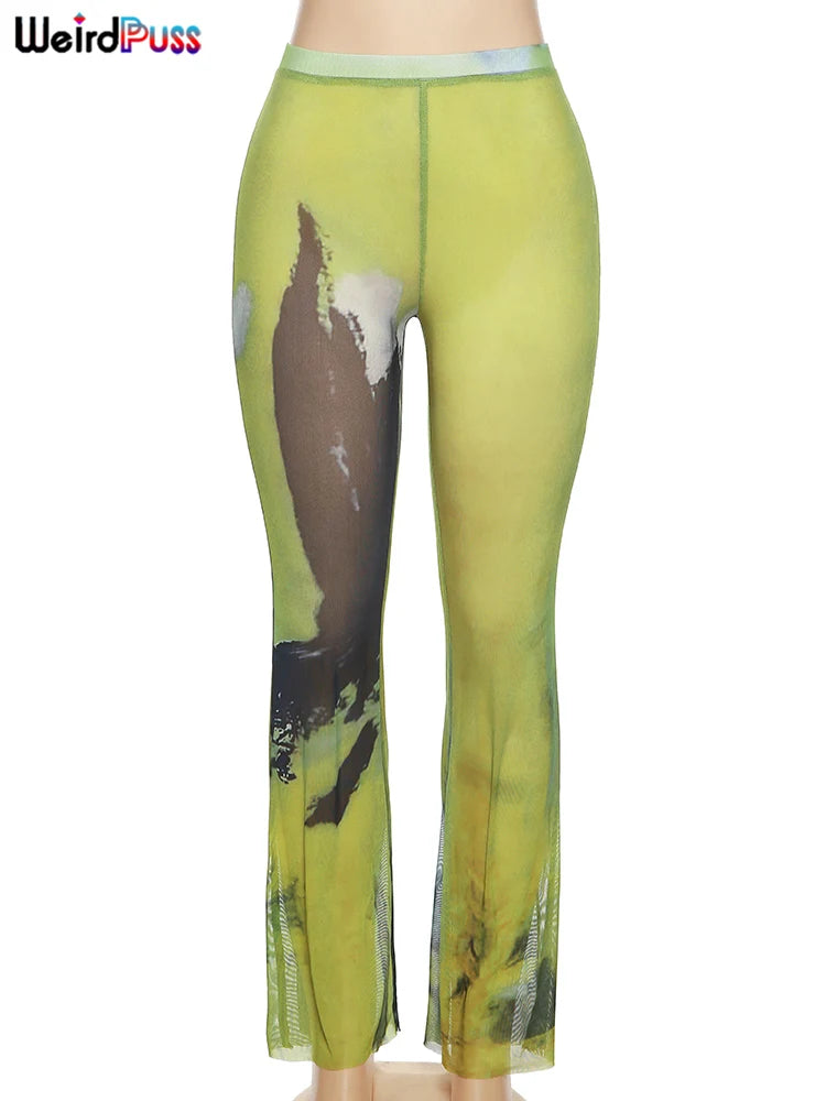 Weird Puss Mesh Tie Dye Straight Pants Women Sexy Summer Trend See Through Thin Skinny Streetwear Wild Elastic Activity Bottoms