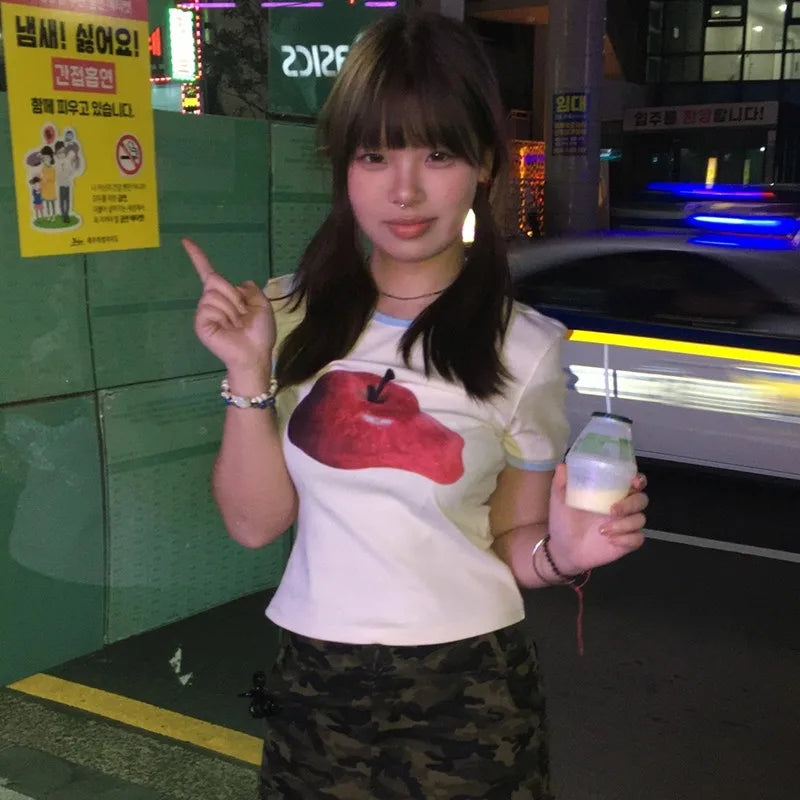 Karrram Japanese Y2k Apple Print T-shirt Vintage 2000s Style Crop Top Harajuku Aesthetics Short Sleeve Tee Shirt American Retro