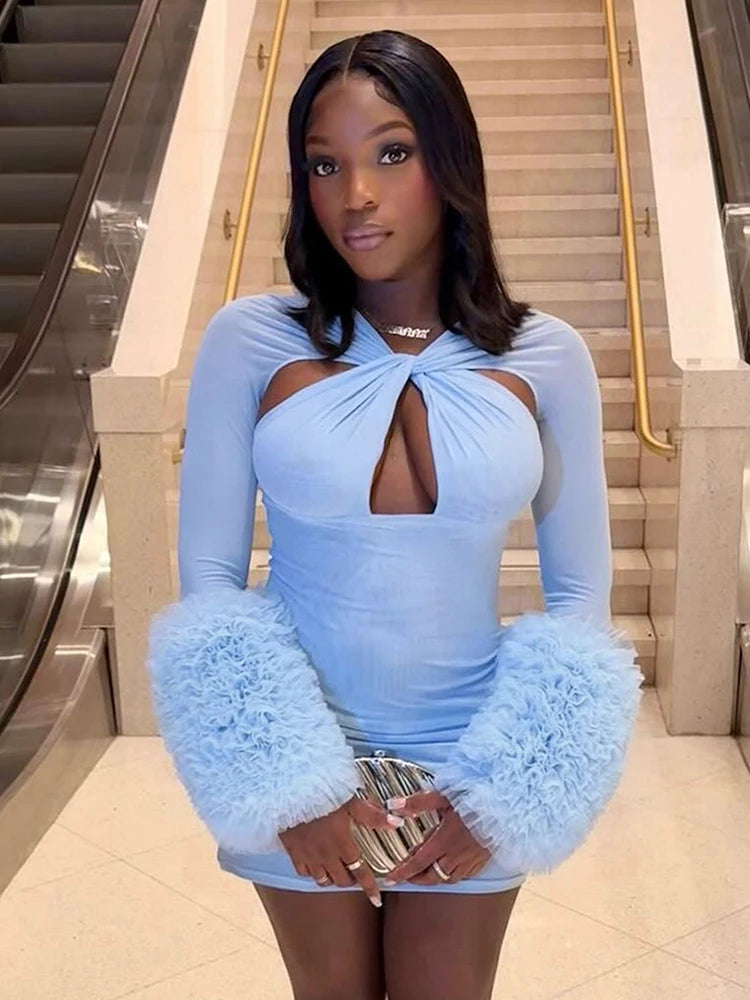 Weird Puss Furry Patchwork Dress Women See Through Full Sleeve Sexy Hollow Cross Elegant Luxury Banquet Birthday Party Clubwear