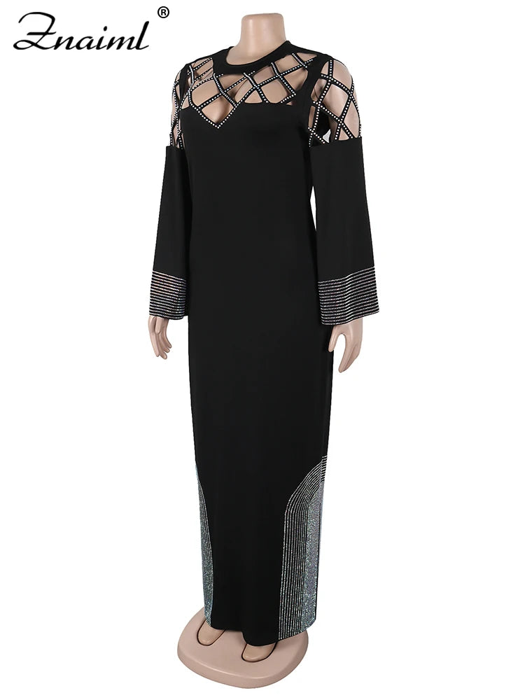 Znaiml Elegant Festival Indie Folk Diamonds Patchwork Hollow Out Long Sleeve Dress Women O-neck Evening African Vacation Vestido