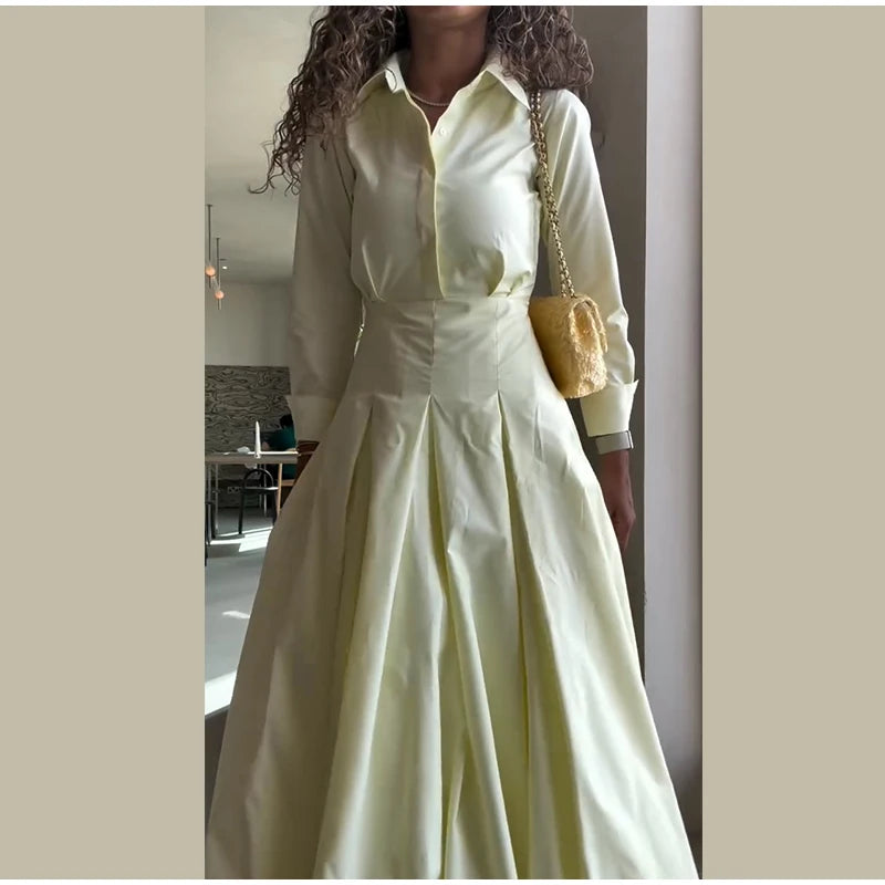 Solid Women's Casual Pleated Long Dress Fashion Lapel Full Sleeve Button Maxi Dress Lady 2025 Early Autumn Chic Street Robes
