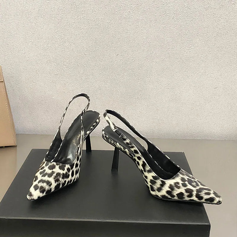 Fashion Pointed Toe Ladies High Heels Sandals Shoes Female Slip On Footwear Leopard Print Women Heeled Sandals Shoes Pumps