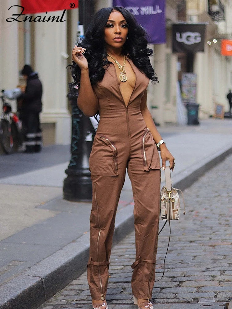 Znaiml Safari Style Short Sleeve Zipper Pocket Jumpsuit Women Fashion Cargo Pants One Piece Overalls Streetwear Playsuit Rompers