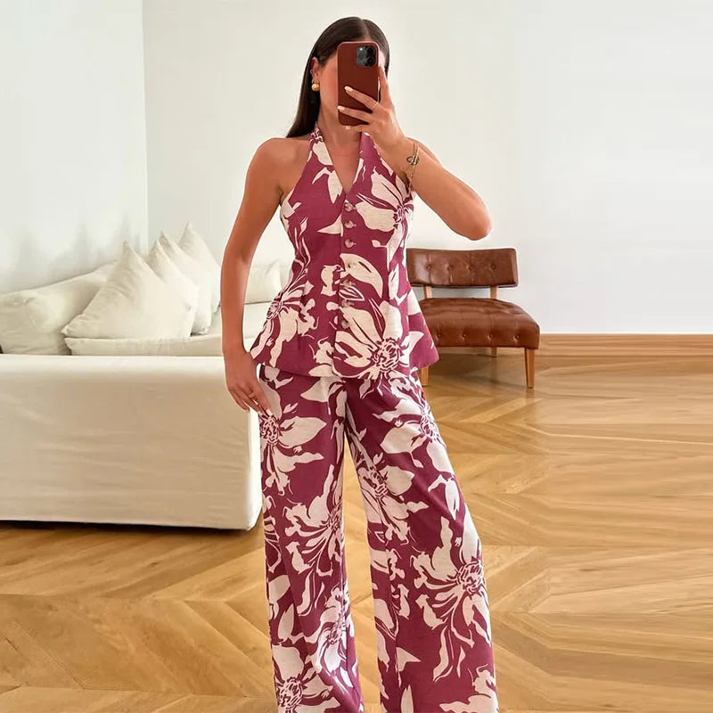 Halter Print Top Pants Set Women Backless Crop Tops Wide Leg Baggy Pants Two Pieces Set Chic Vacation Casual Women Outfit