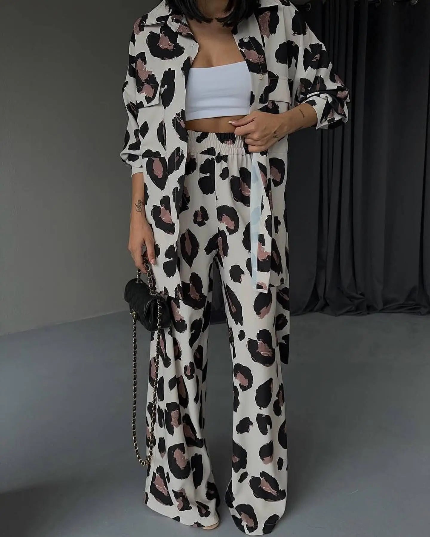 Fashion Leopard Print Women's Two Piece Sets Elegant Casual Button Streetwear Long Sleeve Shirt And Wide Leg Pants 2 Piece Sets