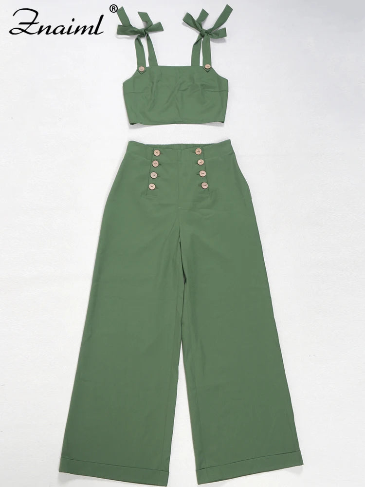 Znaiml Green Tie Shoulder Ruched Wide Strap Slim Fit Crop Top and Wide Leg Pant 2 Pieces Women Summer Streetwear Matching Sets