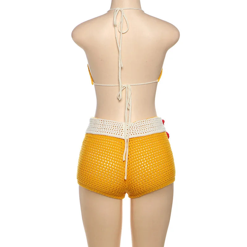 Joskaa 3D Flower Knit Beach Style 2 Piece Sets Women Sexy Halter Bra and Patchwork Shorts Matching 2025 Summer Holiday Outfits