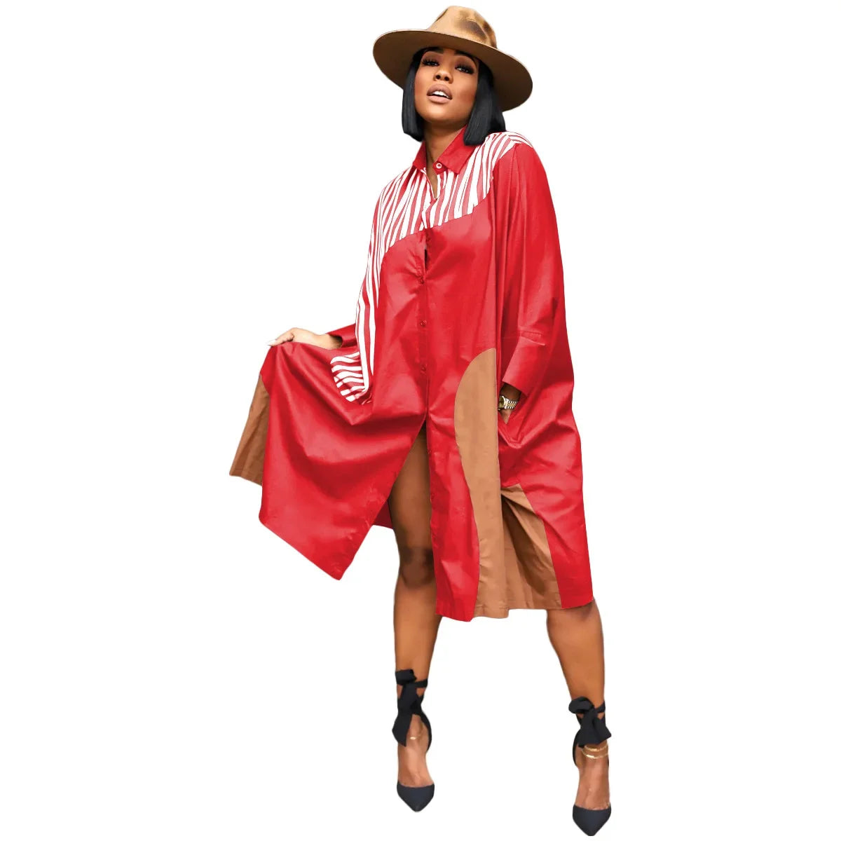 CM.YAYA Elegant Patchwork Women Long Sleeve Single Breasted Loose Shirt Dress Street Fashion Slim Striped Smock INS Dresses