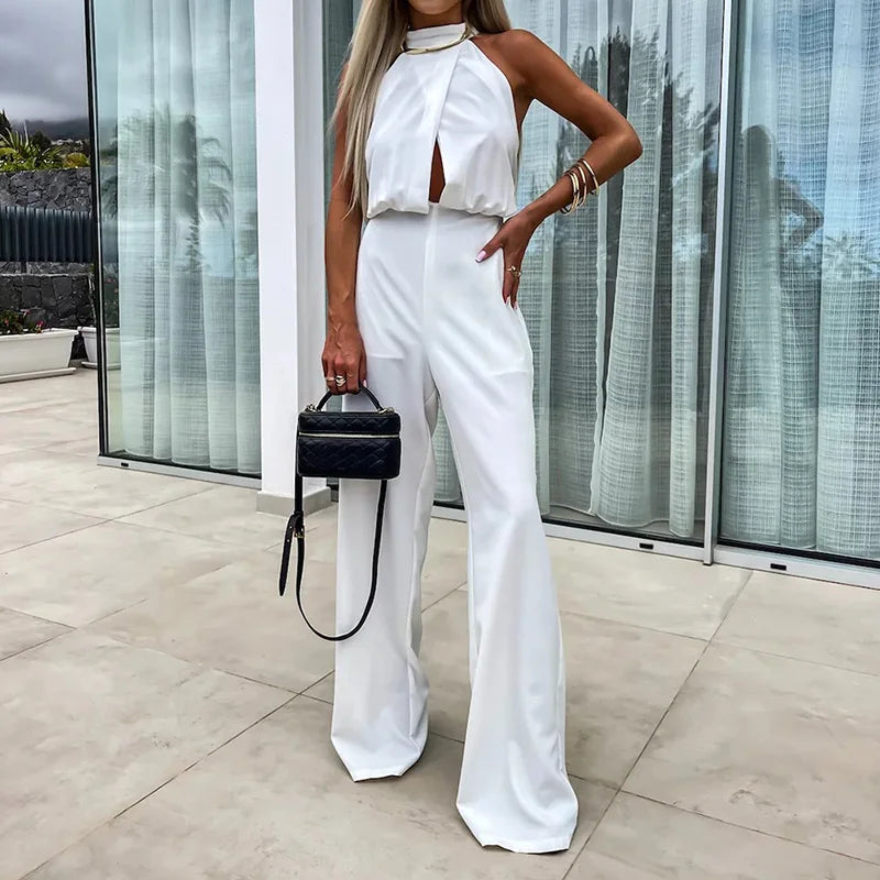 New Sleeveless Wide Leg Pants Playsuits, Women Summer Half High Collar Elegant Jumpsuits, Solid Patchwork Simple Ladies Bodysuit