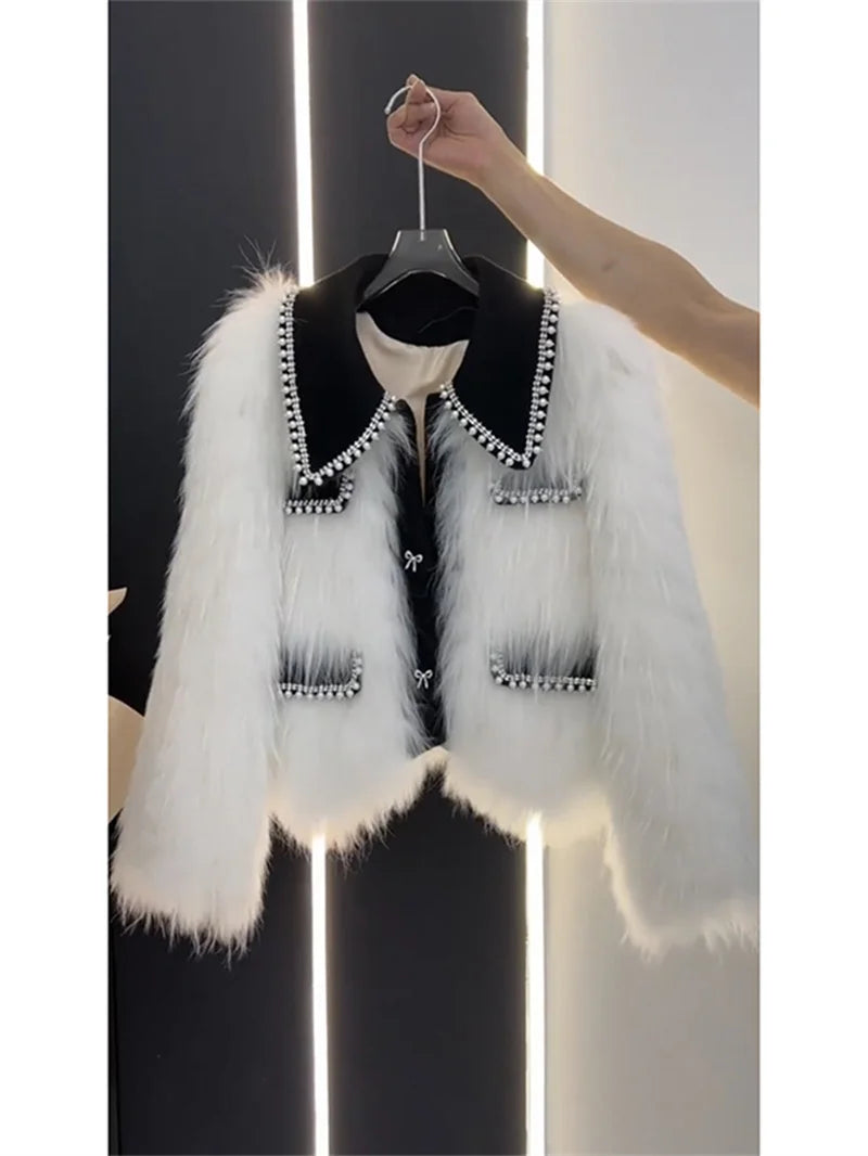 High end Heavy Industry Nail Bead Imitation Fox Fur Grass Coat for Women's Autumn and Winter 2024 New Unique Warm Top Jackets
