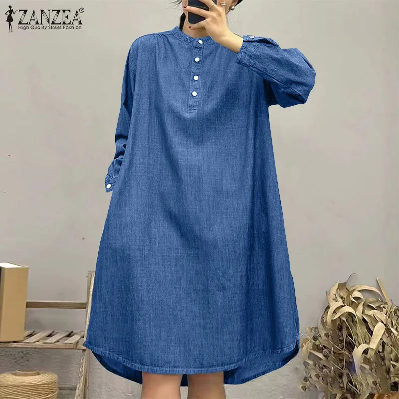 ZANZEA Women Shirt Dress Fashion Stand Collar Buttons Robes Casual Loose Long Sleeve Mini Dress Autumn Vintage Pocket Vestidos