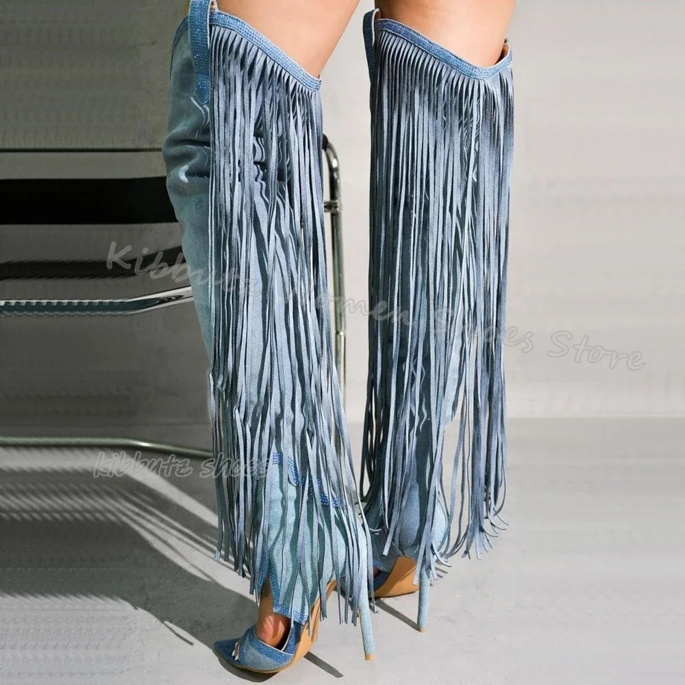 Fringe Over The Knee Sandal Boots Suede Fashion Novelty Sexy Elegant Comfortable Women Shoes New Pointed Toe Thin Heels Slip-On
