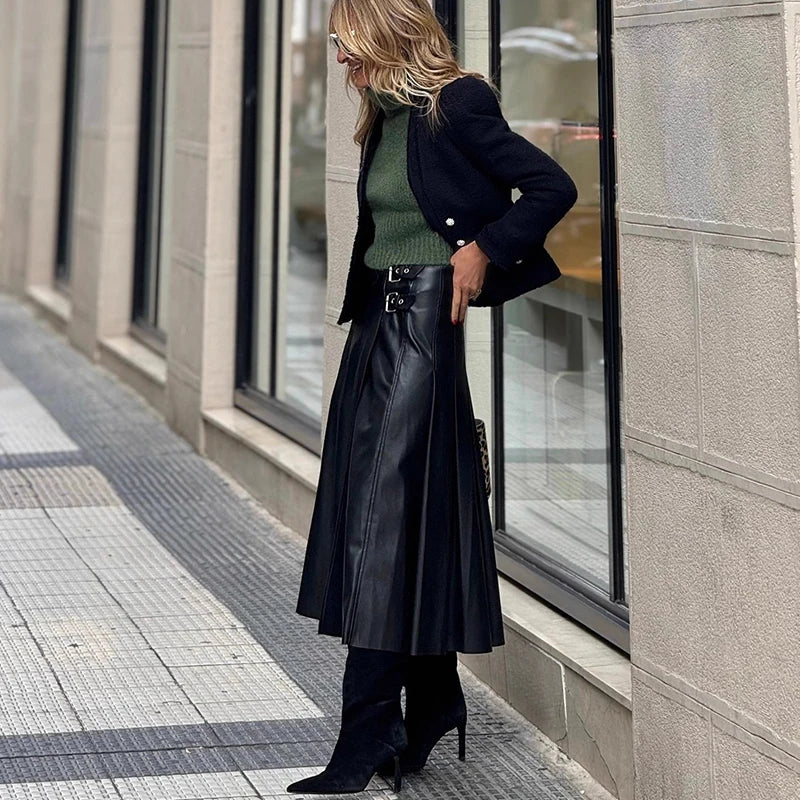 PU High Waist Pleated Women's Long Skirt Fashion Temperament Black Commuting Skirt New 2025 Street Decoration Autumn Half Skirt