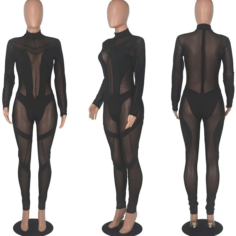 Sexy Sheer Mesh Jumpsuits Women Party Club Outfits Skinny Patchwork Long Sleeve See Through Rompers Womens Jumpsuit Midnight