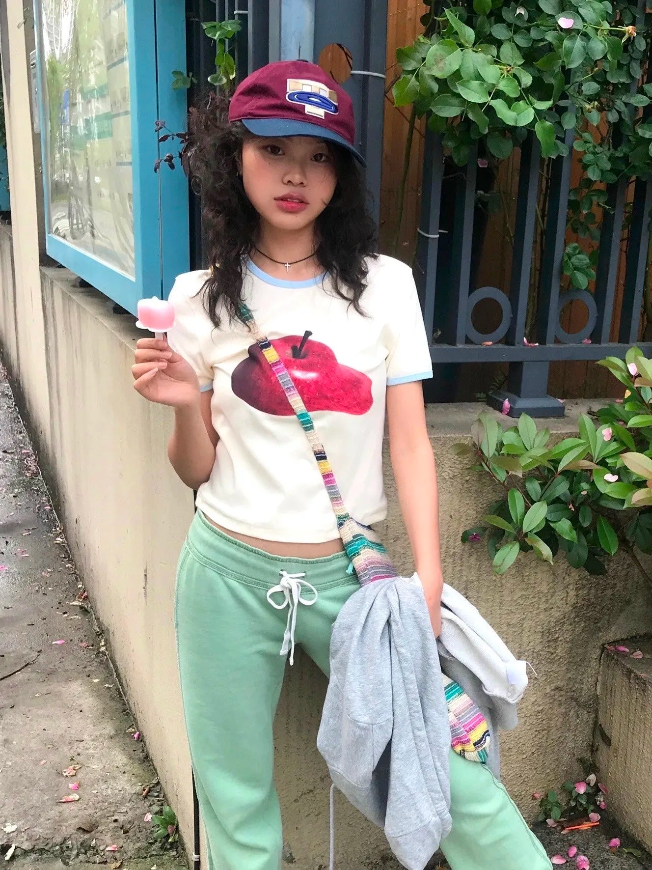 Karrram Japanese Y2k Apple Print T-shirt Vintage 2000s Style Crop Top Harajuku Aesthetics Short Sleeve Tee Shirt American Retro
