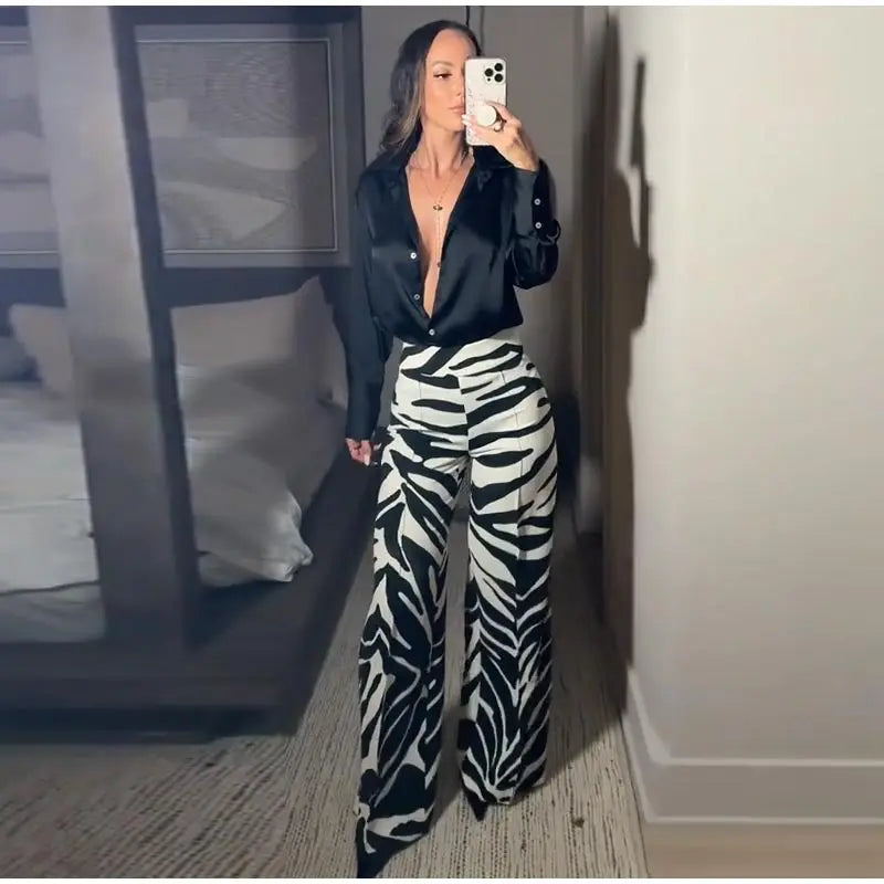 Zebra Print Wide Leg Women Pants High Waisted Stretch Fit 2025 Autumn Fashion Elegant Casual Bottoms Office Chic Lady Trousers