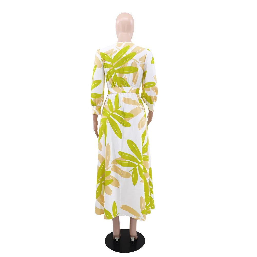 Summer Women's Printed Maxi Dress New Long Sleeve Waist Tie Sun Dresses Fashion Loose Women's Casual Dress 2024