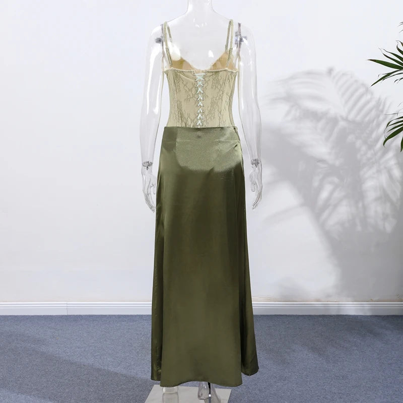 Elegant Women Summer Party Dresses Set 2 Pieces Lace High Waist Lace Up Spaghetti Strap Tops Satin Zipper Party Skirt Outfits