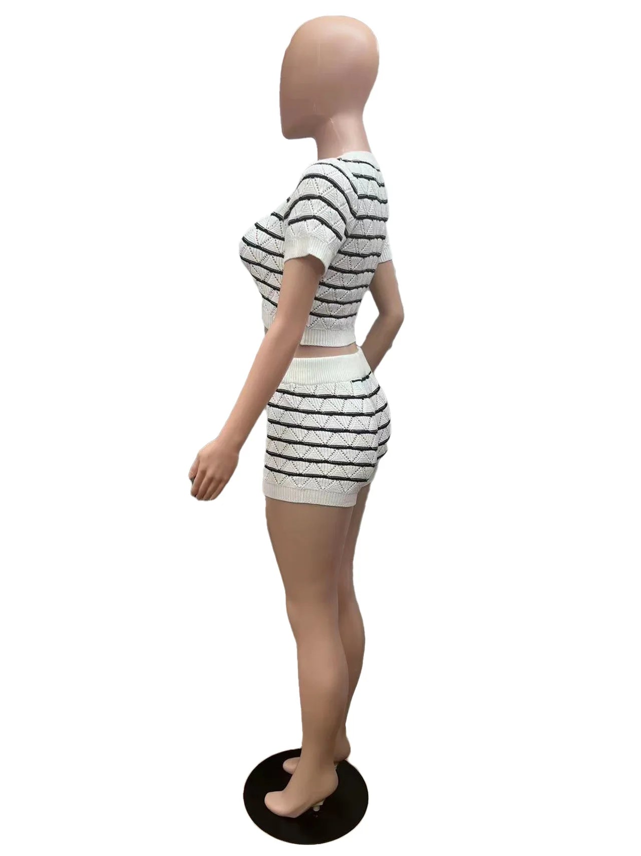 CM.YAYA Women's Set Short Sleeve Top and Shorts 2024 Summer Two 2 Piece Set Outfit Striped Knitted Ribbon Beach Tracksuit