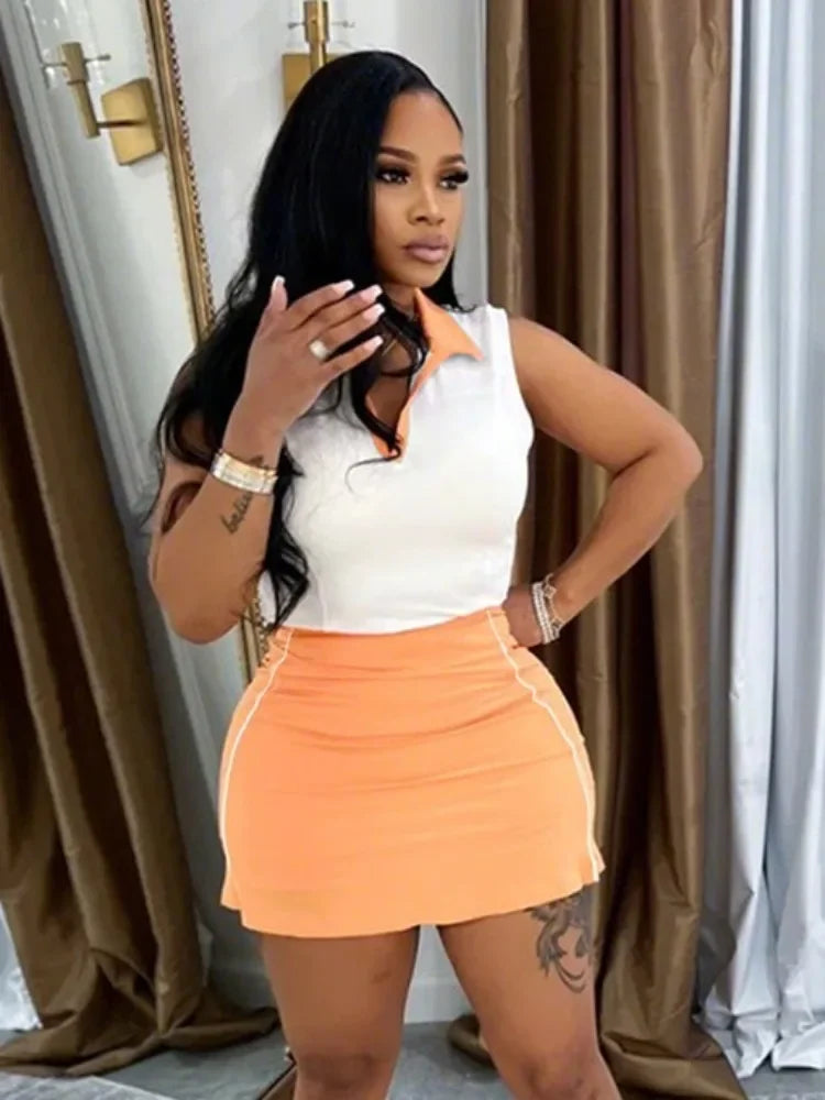 2025 Summer Women's Contrast Patchwork Lapel Sleeveless Bodycon Sporty Mini Dress Holiday Casual Comfort Streetwear S-XXL