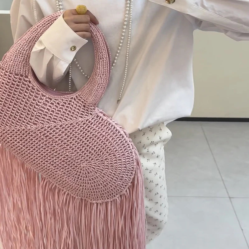 Creative Love Woven Underarm Bag Bohemian Tassel Fashion Design Large Capacity Handheld Beach Bag Hand-woven Tassel Women's Bag