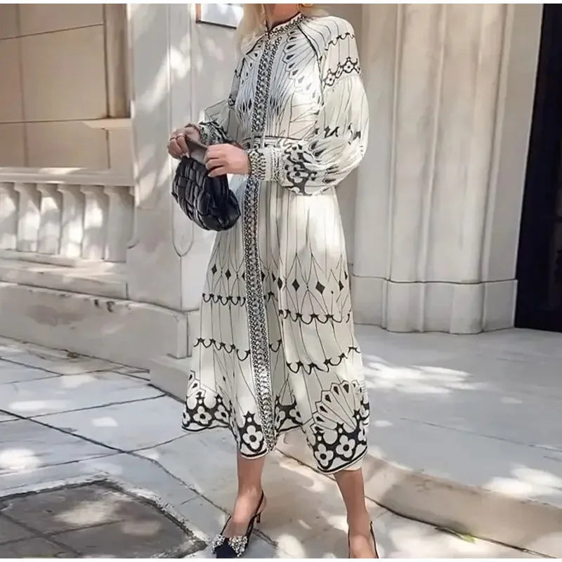 2025 Spring Women Vintage Long Dress Print Sashes Lantern Long sleeve Dresses Female Summer Elegant Fashion Office Lady Clothes