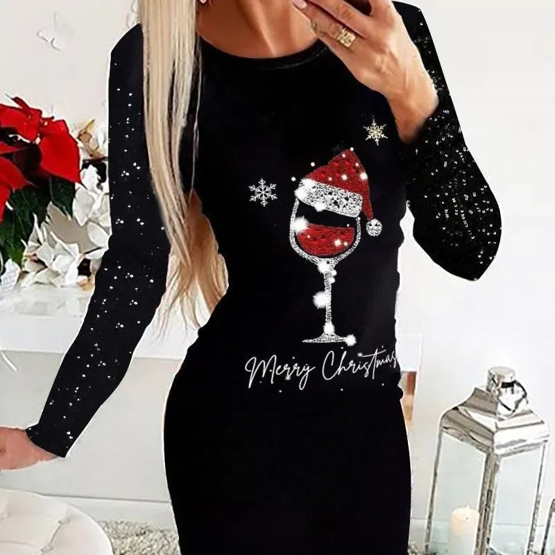 Christmas Dresses Women and Fall New Long Sleeved Printed Short Dress Fashionable Versatile Base Skirt for Female 2024 Summer