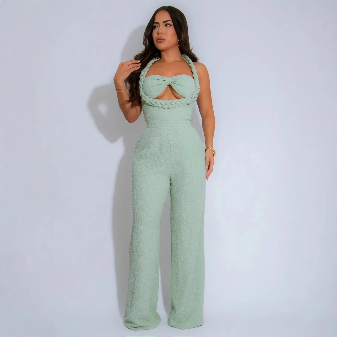 CM.YAYA Women Weave Halter Neck Backless Wide Leg Jumpsuit 2025 Chic Summer Sexy Party Club Night One Piece Suit Playsuit Romper