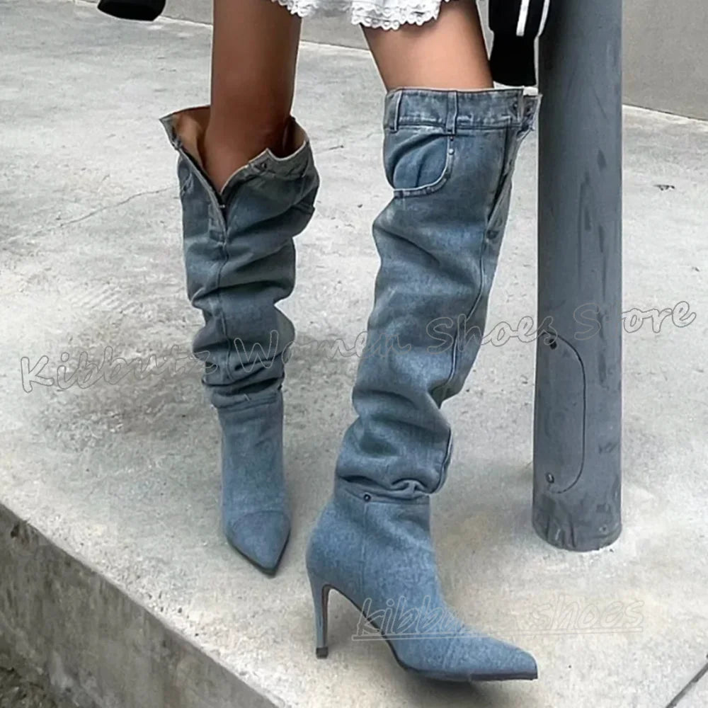 Pocket Over The Knee Boots Denim Cloth Slip-On Bottom Solid Color Novelty Fashion Concise Sexy Hot Girls Shoes Pointy Thin Heels