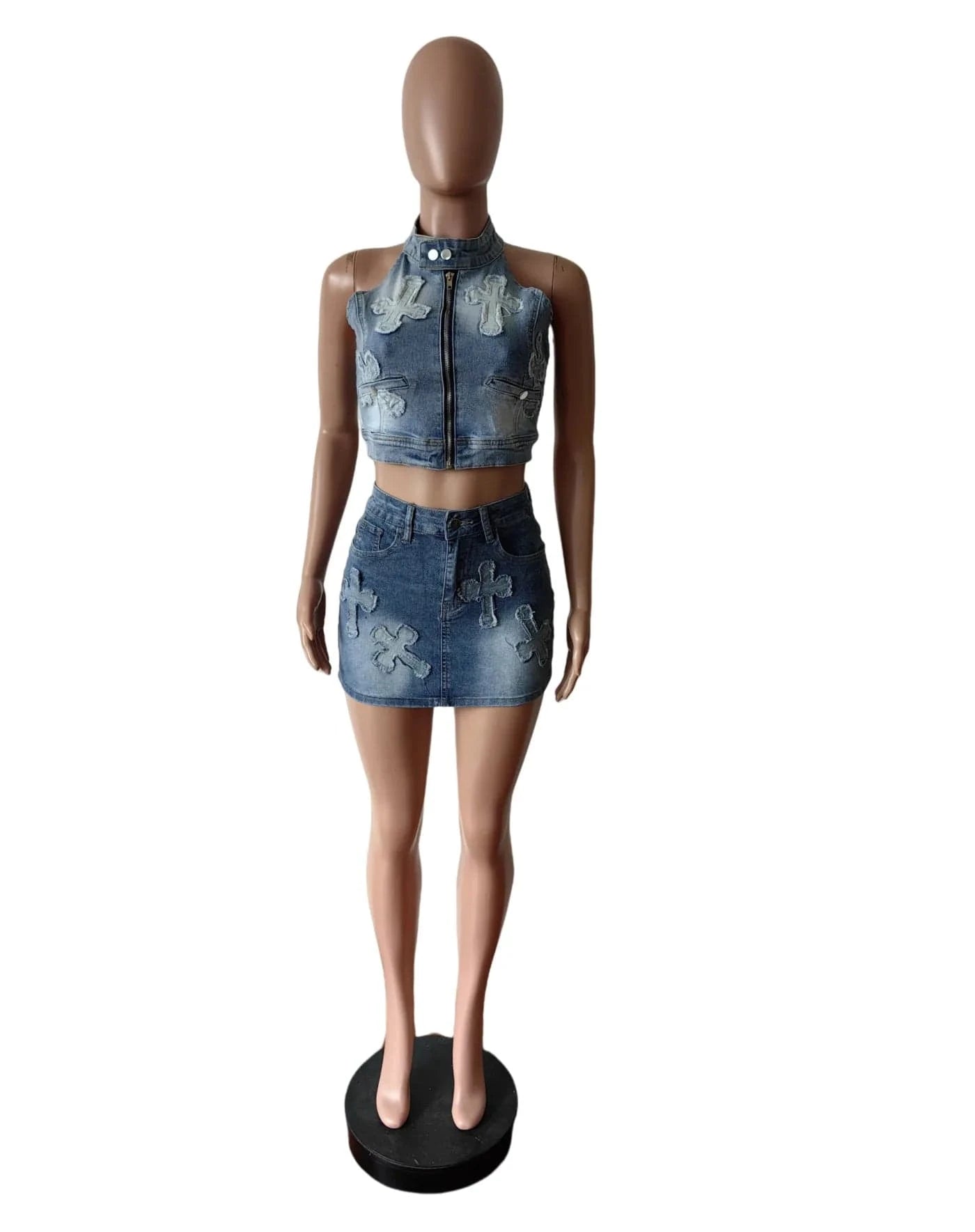 Ruffles Jeans Skirt Outfit Set Sexy Women Halter Elegant Two Pieces Denim Club Matching Set Top+Mini Skirt