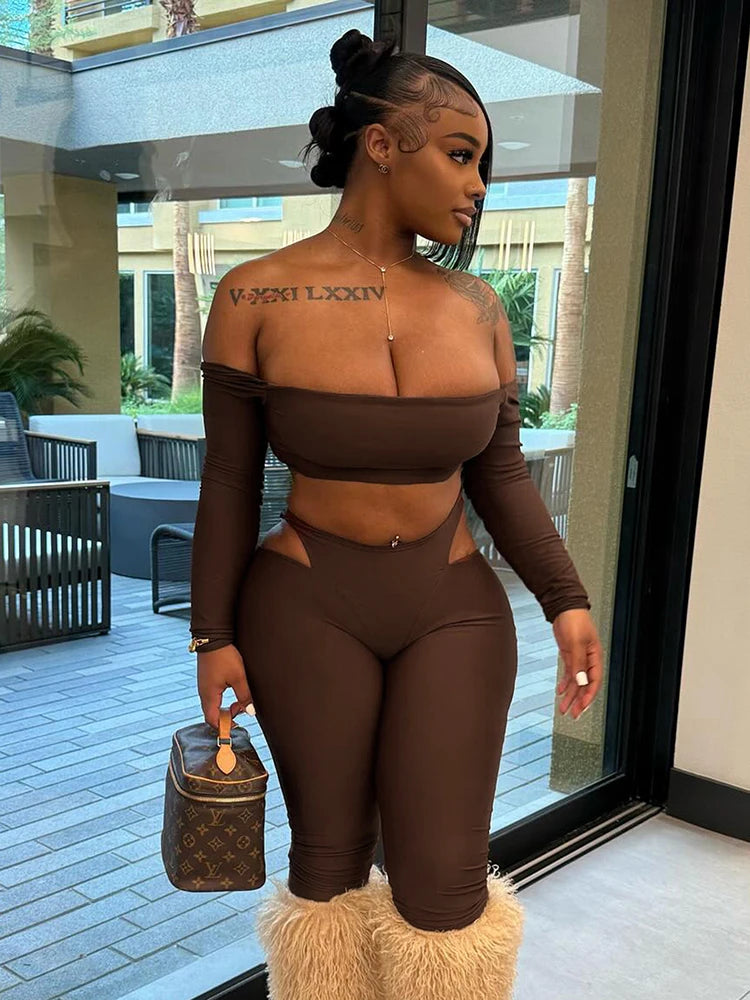 Slash-Neck Crop Top Two-Piece Set