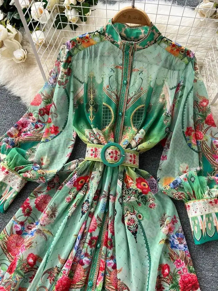 Women's Turtleneck Lantern Sleeve Single Breasted Flower Print Maxi Dress Autumn Bohemian Chiffon Green Belt Holiday Vestidos