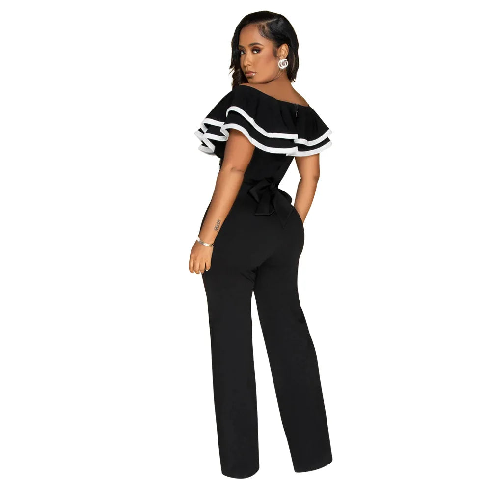 CM.YAYA Women V-neck Off Shoulder Ruffles Wide Leg Jumpsuits 2024 Summer Fashion Sexy Party Playsuit One Piece Suit Rompers