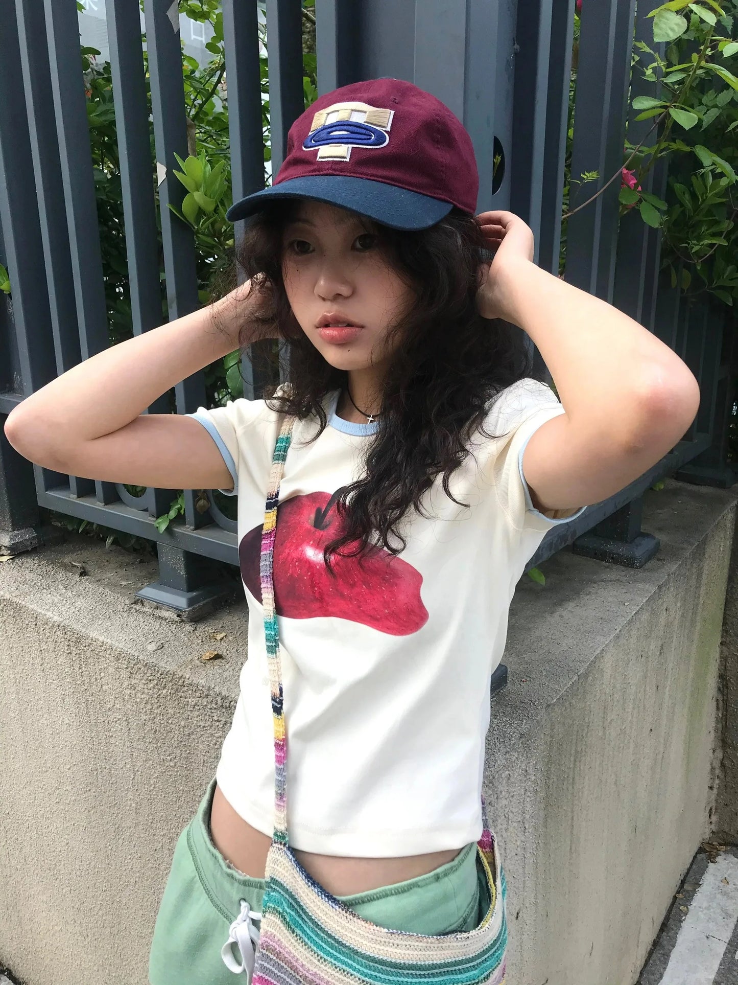 Karrram Japanese Y2k Apple Print T-shirt Vintage 2000s Style Crop Top Harajuku Aesthetics Short Sleeve Tee Shirt American Retro
