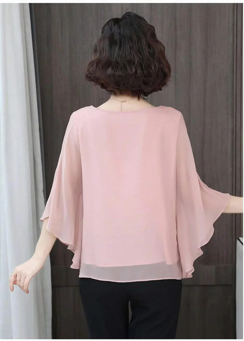 4XL Bat Shirt Summer Women's Loose T-shirt Small Shirt 2025 Spring/Summer Large Wrinkle Resistant And Elegant chiffon Top Green