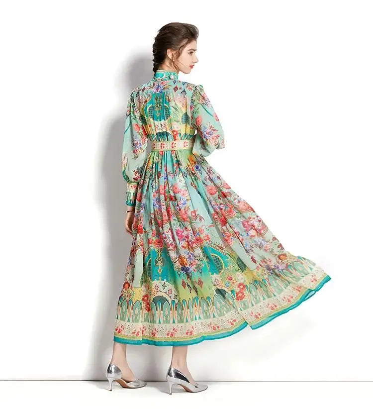 Women's Turtleneck Lantern Sleeve Single Breasted Flower Print Maxi Dress Autumn Bohemian Chiffon Green Belt Holiday Vestidos
