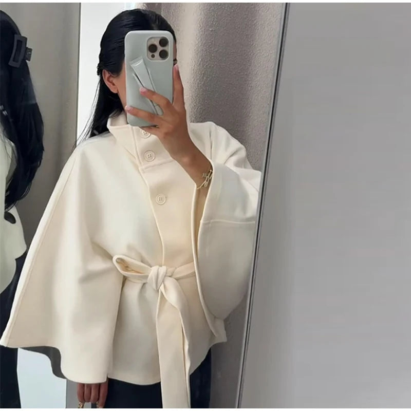 Womens Short Cape Coats For Women Belt Faux Wool Blends Coats Autumn Winter Solid Coats Elegant Cloak Jacket Ladies 2025