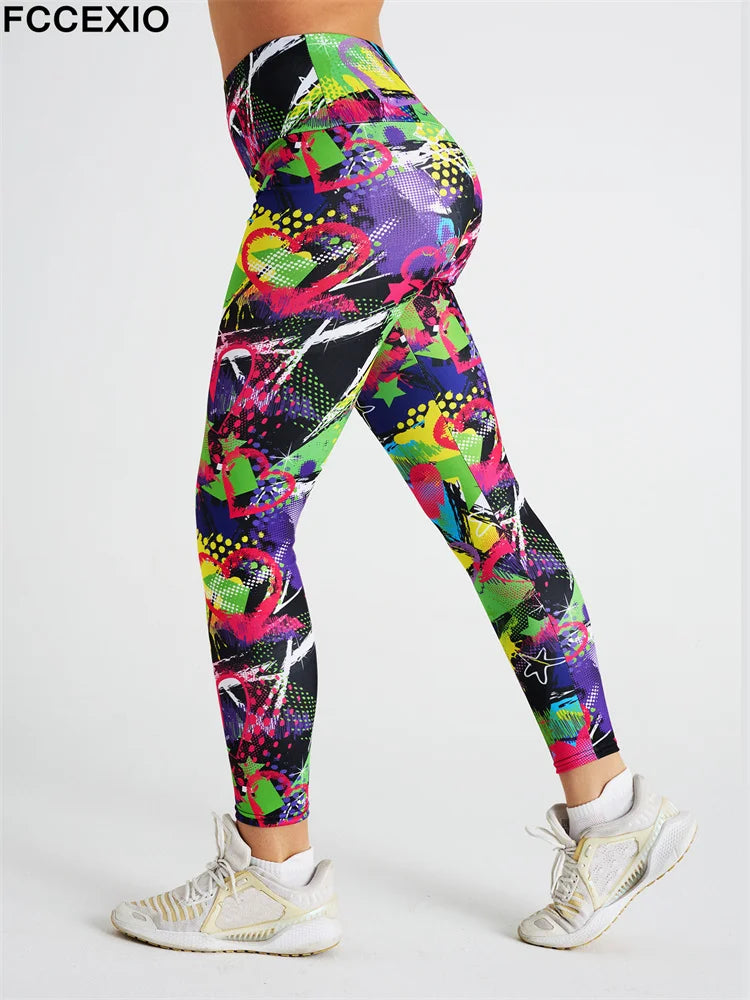 FCCEXIO Hot New Women Leggings Red Lip Love Digital Print Patchwork Fitness Legging Push Up Workout Leggins Pants Sexy Pants