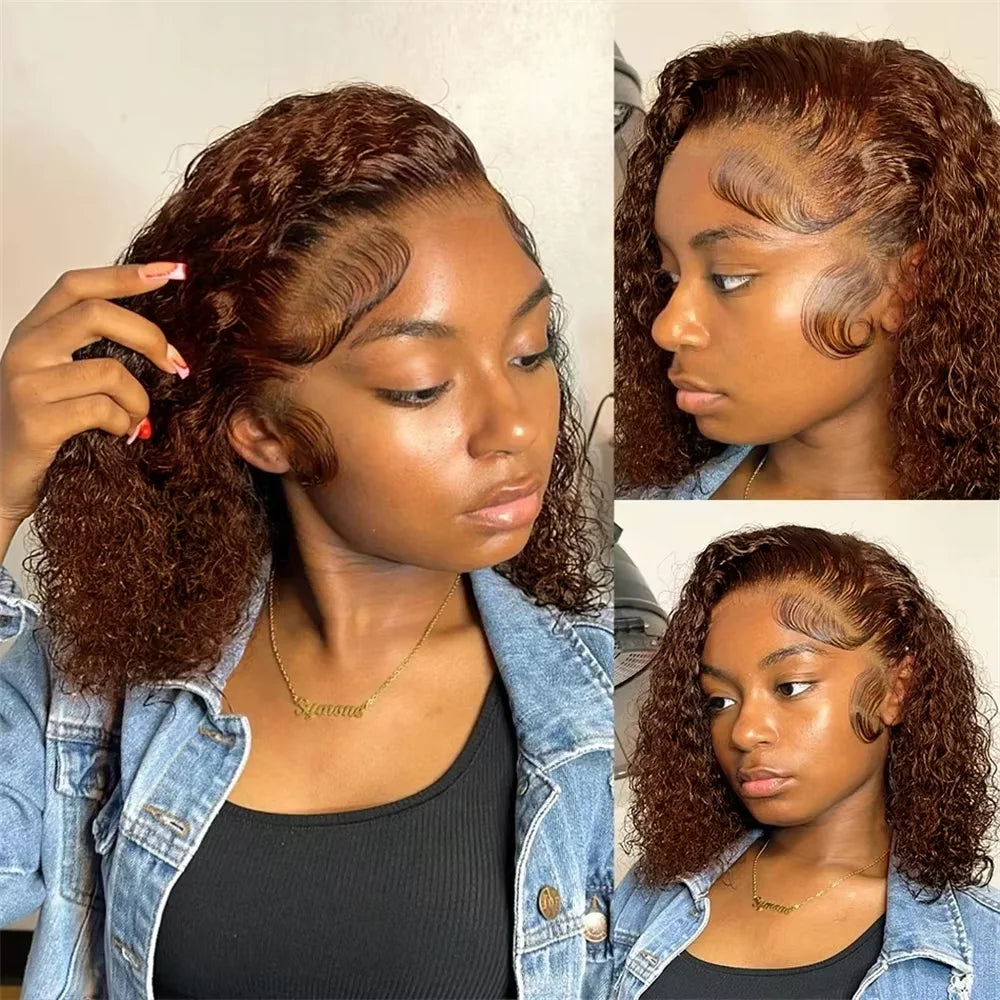 Brown kinky Curly Short Bob Wig 13x4 4x4 Bob Wigs Brazilian Water Deep Wave Human Hair Wig Preplucked For Woman Short Pixie