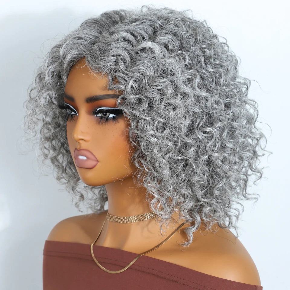 Lekker Gray Short Afro Kinky Curly Bob Middle Part 100% Human Hair Wigs For Women Brazilian Remy Hair Glueless Daily Mom Wigs