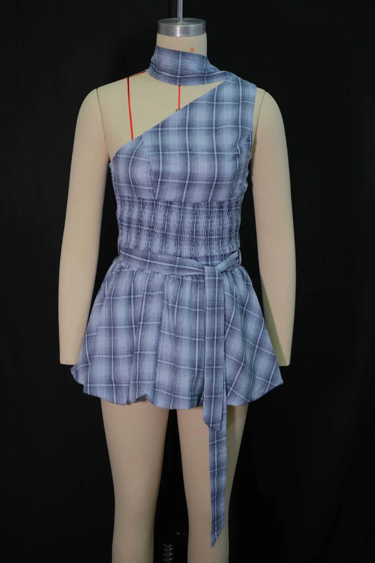 Blue Plaid Halter Cutout Mini Two Piece Set for Women