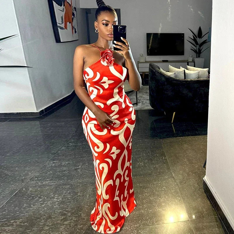 Fashionable European Style Printed Sexy Sleeveless Halter Neck Floral Decorated Hip Dress Trendy Women's Ready-Made Dress