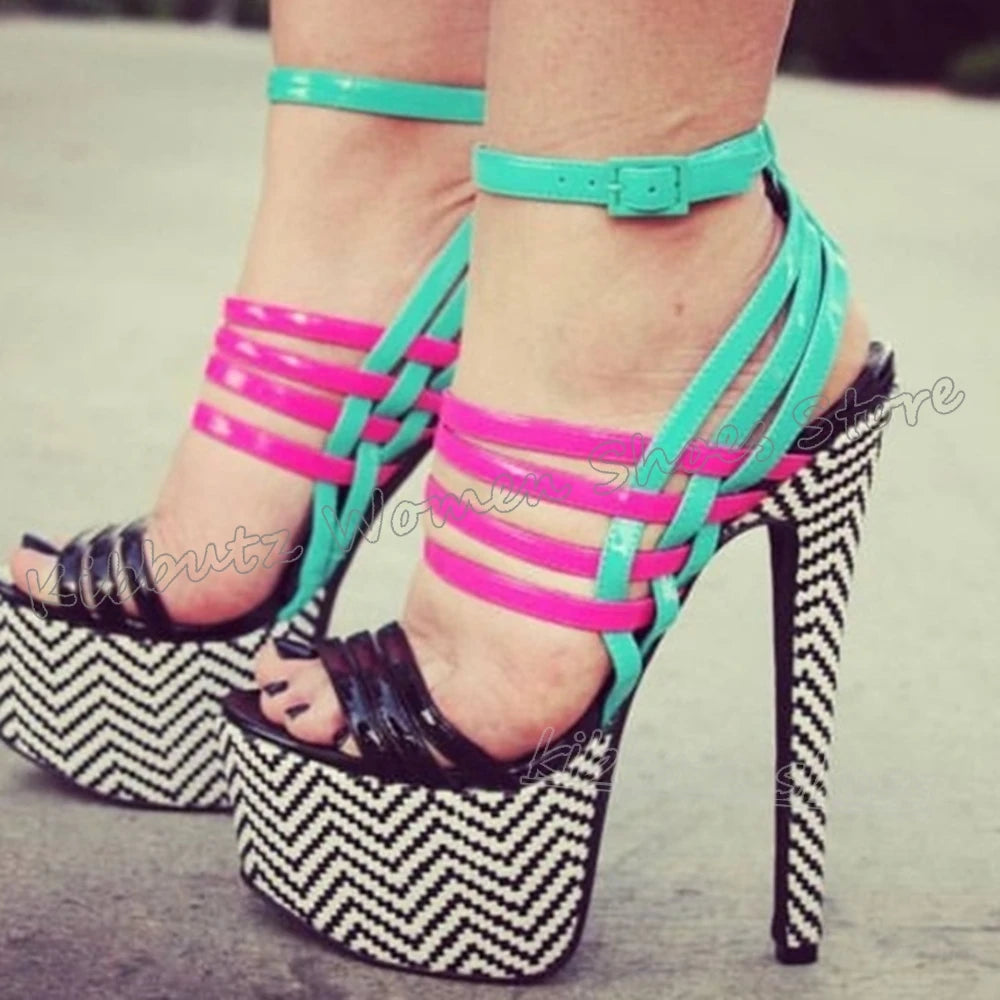 Striped Sandals Platform Round Toe Thin High Heels Mixed Color Leather Fashion Luxury Elegant Concise Sexy Hot Girls Shoes New